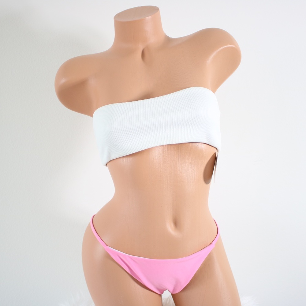 White Bubble Gum Pink Bandeau High Cut Brazilian Bikini Set Size Small